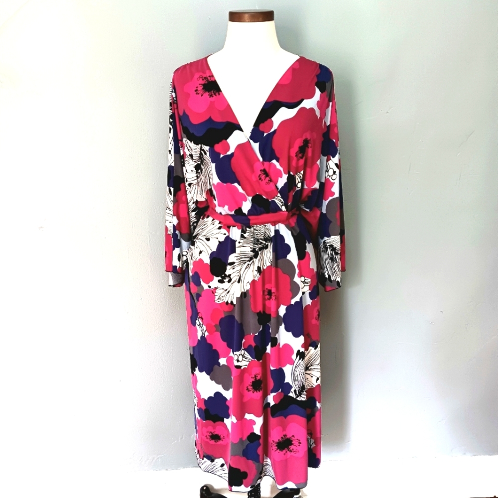 Mossimo slinky, silky, bright floral print  faux wrap, midi dress. 20/22W